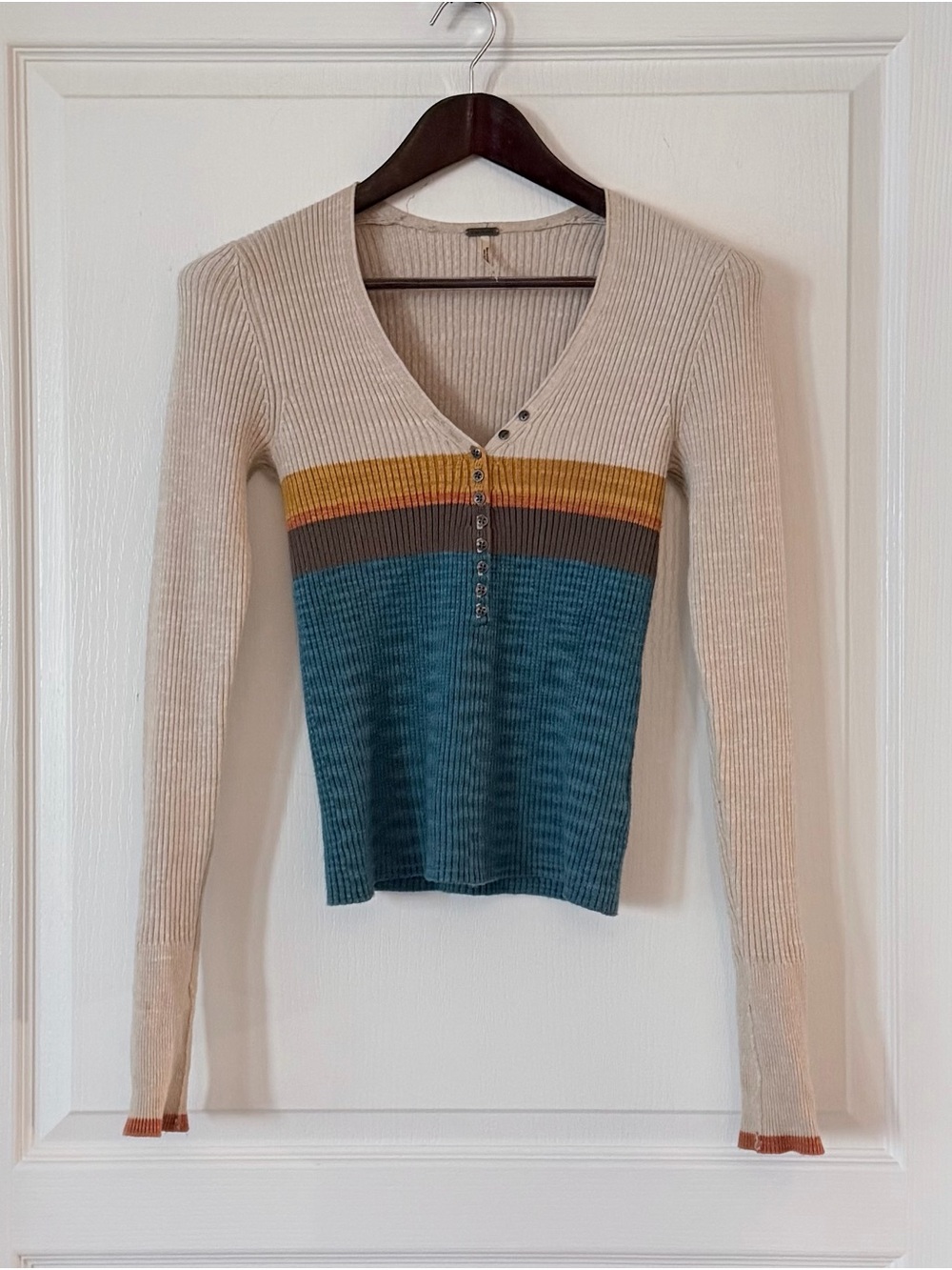 Free People Cream Ribbed Long Sleeve Top with Teal, Mustard & Brown Stripes